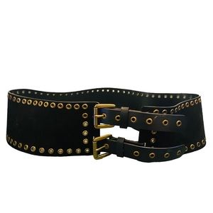 WCM New York Leather Suede Grommet Double Buckle Black Wide Belt